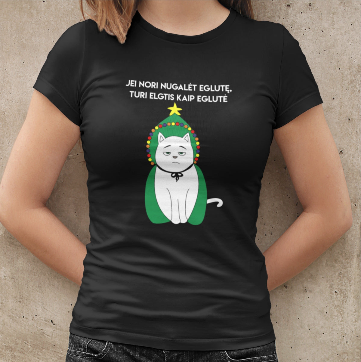 Juodi moteriški marškinėliai "Jei nori nugalėt eglutę"