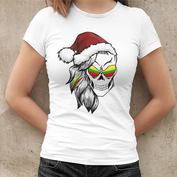 Balti moteriški marškinėliai "Kalėdinė moteriška kaukolė"