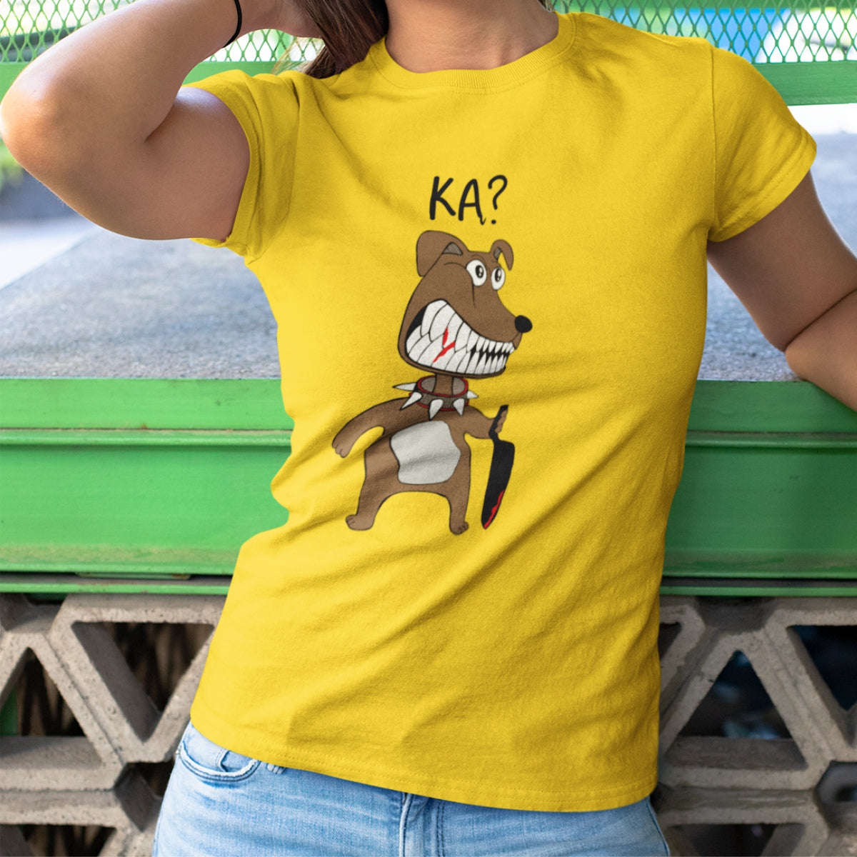 Geltoni moteriški marškinėliai "Ką? Šuniukas"