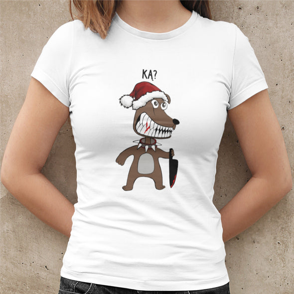 Balti kalėdiniai moteriški marškinėliai "Ką šuniukas Kalėdos"