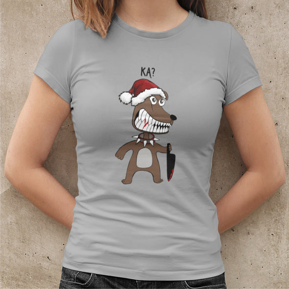 Pilki kalėdiniai moteriški marškinėliai "Ką šuniukas Kalėdos"