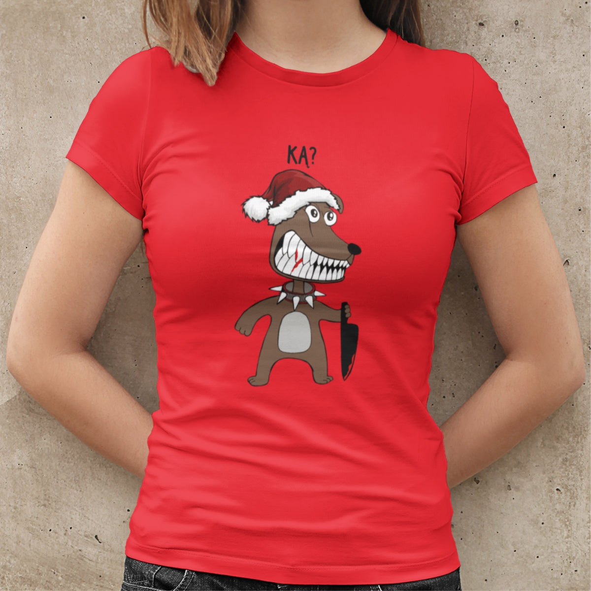 Raudoni kalėdiniai moteriški marškinėliai "Ką šuniukas Kalėdos"