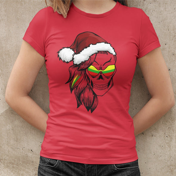 Raudoni moteriški marškinėliai "Kalėdinė moteriška kaukolė"