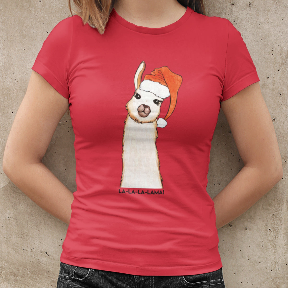 Raudoni moteriški kalėdiniai marškinėliai "La la lama"