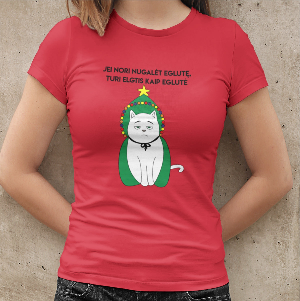Raudoni moteriški marškinėliai "Jei nori nugalėt eglutę"