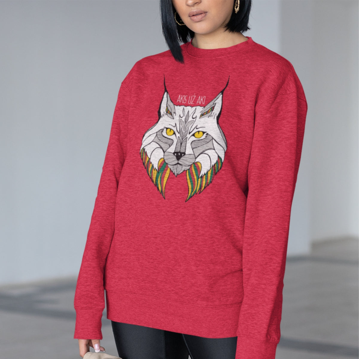 Raudonas UNISEX džemperis be gobtuvo "Spalvota lūšis"