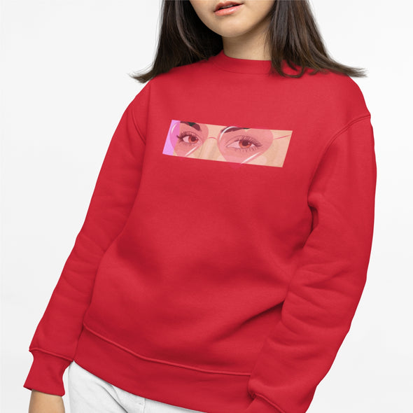 Raudonas džemperis be gobtuvo su spauda "Rožiniai akiniai"
