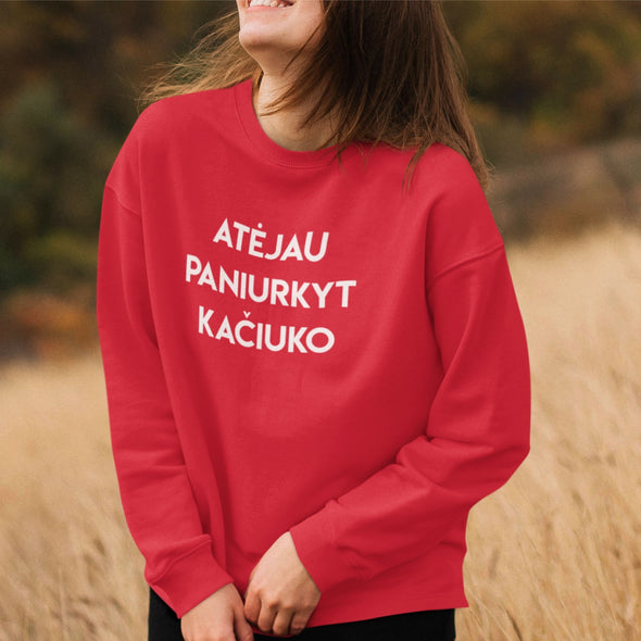 Raudonas džemperis be gobtuvo "Atėjau paniurkyt kačiuko"
