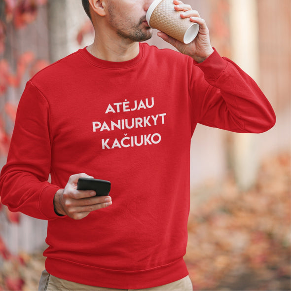 Raudonas džemperis be gobtuvo "Atėjau paniurkyt kačiuko"