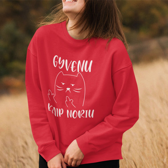 Raudonas džemperis be gobtuvo "Gyvenu kaip noriu"