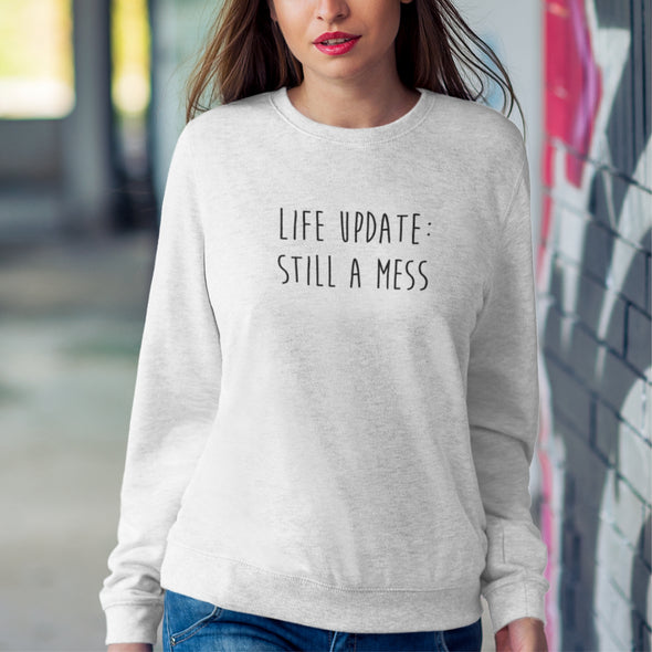 Baltas UNISEX džemperis be gobtuvo "Life update"
