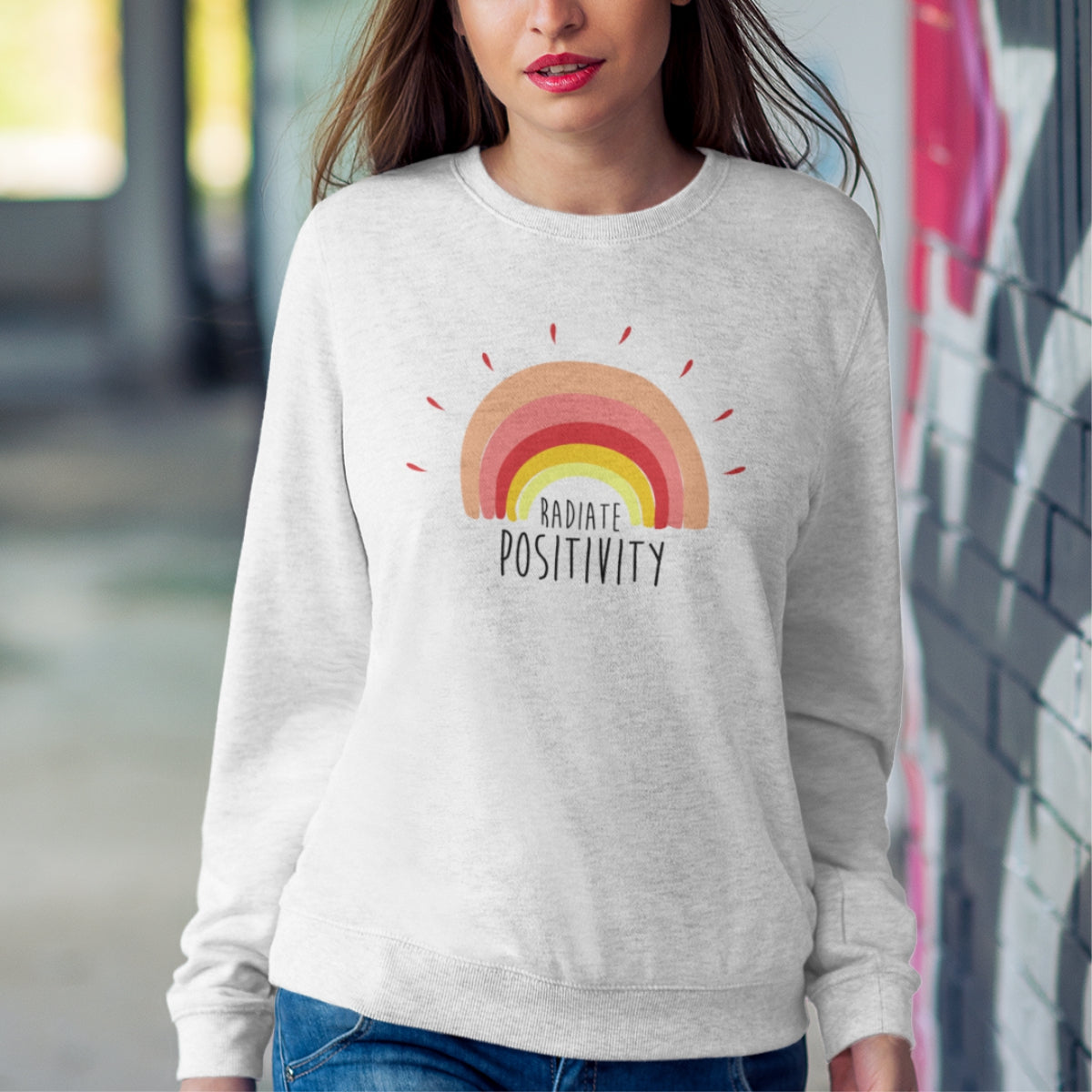 Baltas UNISEX džemperis be gobtuvo "Positivity"