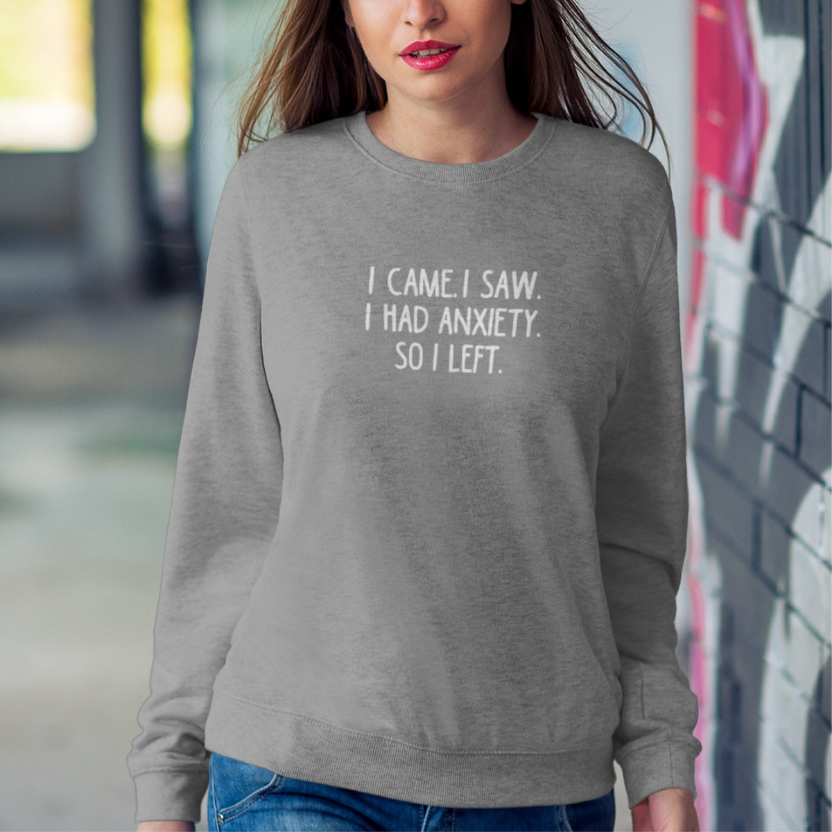 Pilkas UNISEX džemperis be gobtuvo "I came. I saw"