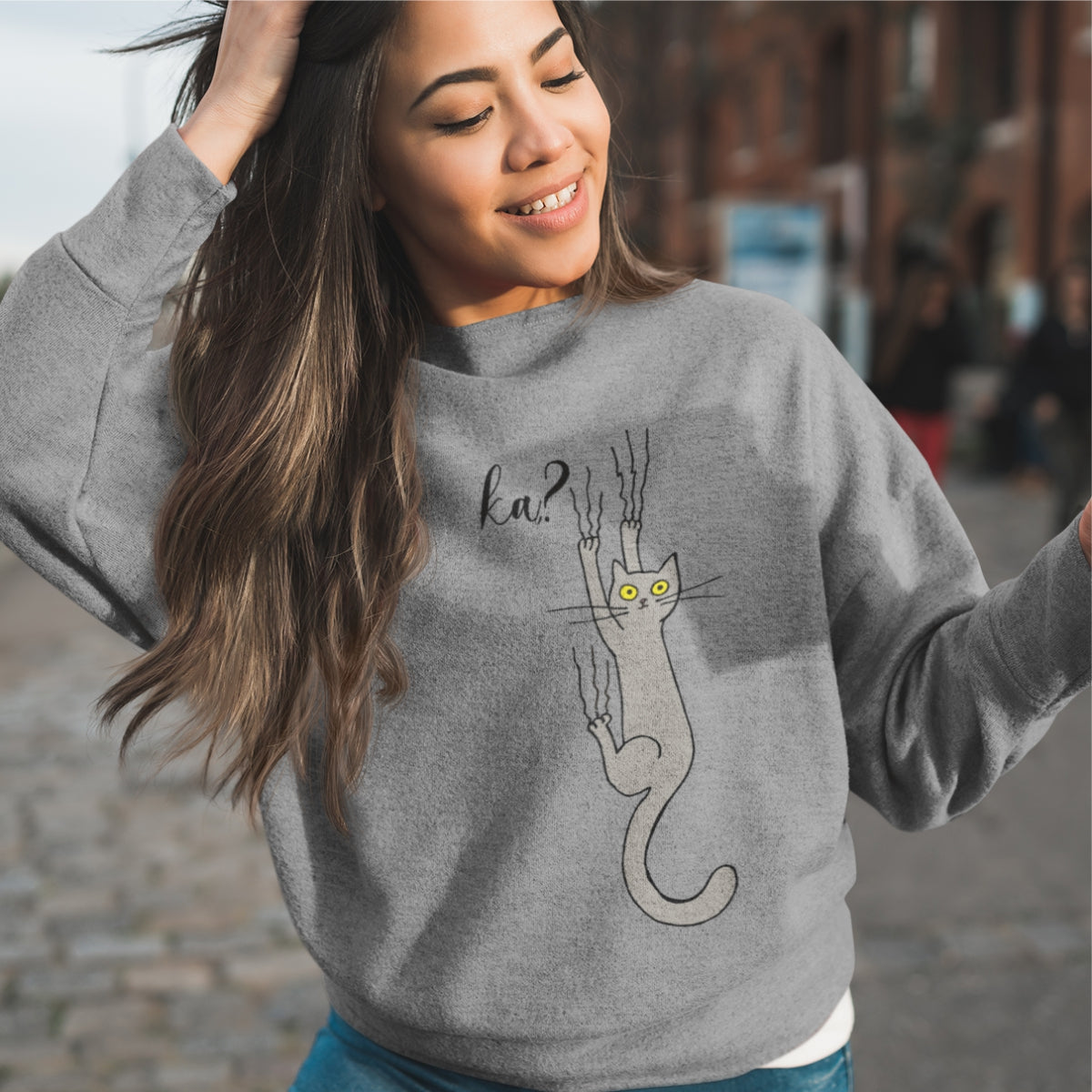 Pilkas UNISEX džemperis be gobtuvo "Aš tik laikaus"