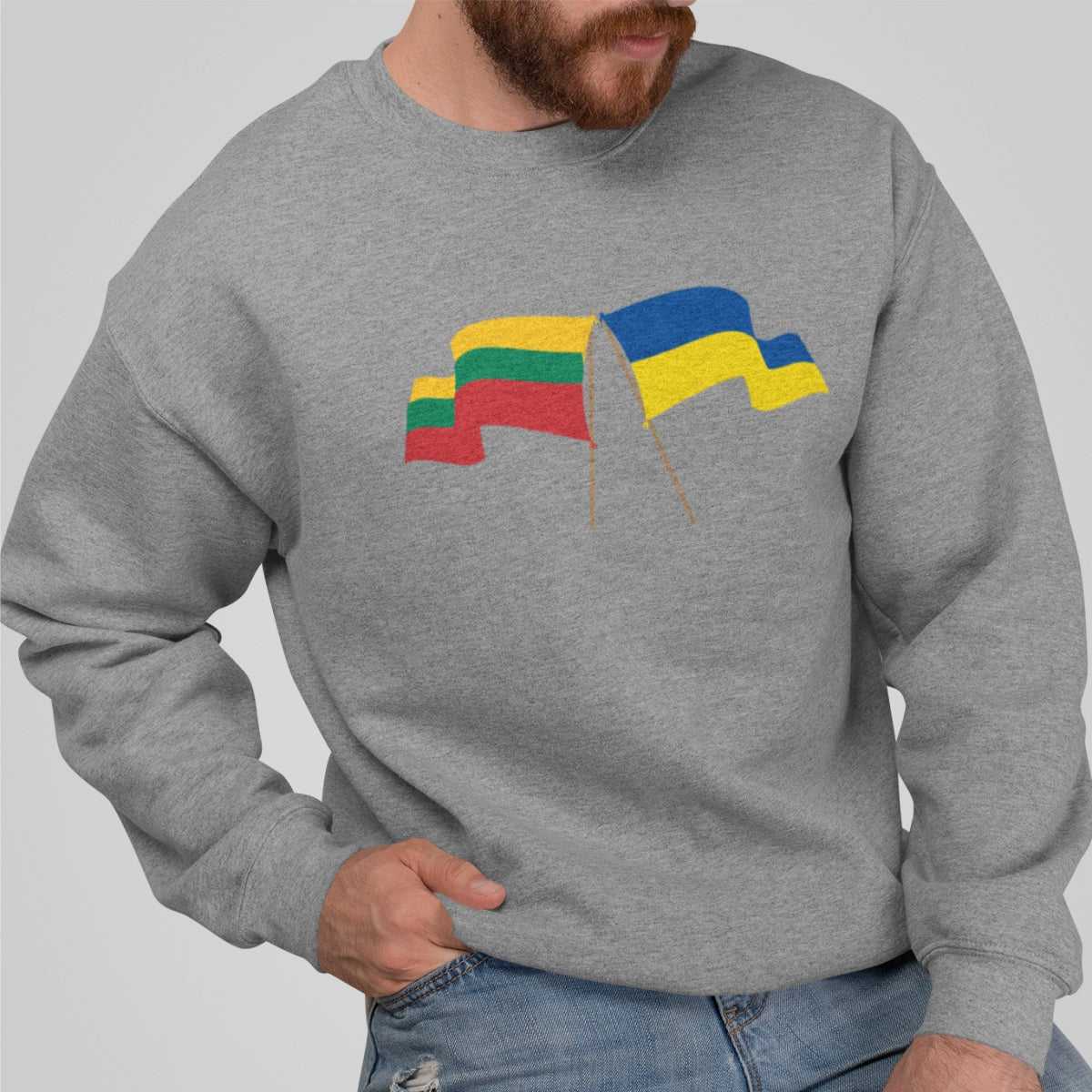 Melanžinis pilkas džemperis be kapišono "Lietuva ir Ukraina"