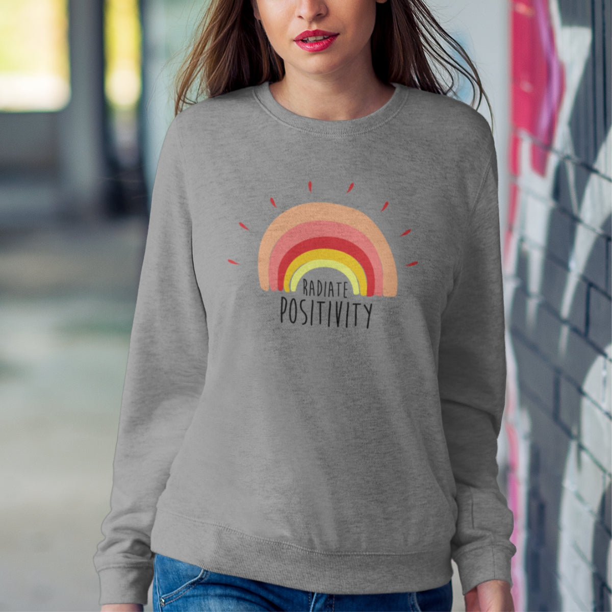 Pilkas UNISEX džemperis be gobtuvo "Positivity"