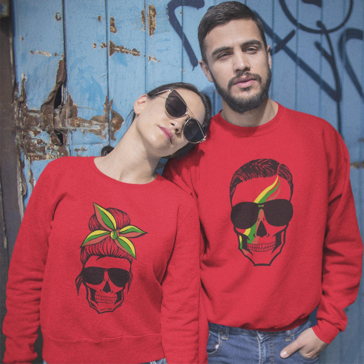 Raudoni džemperiai be gobtuvų poroms "Kaukolės" Vyriškas dizainas