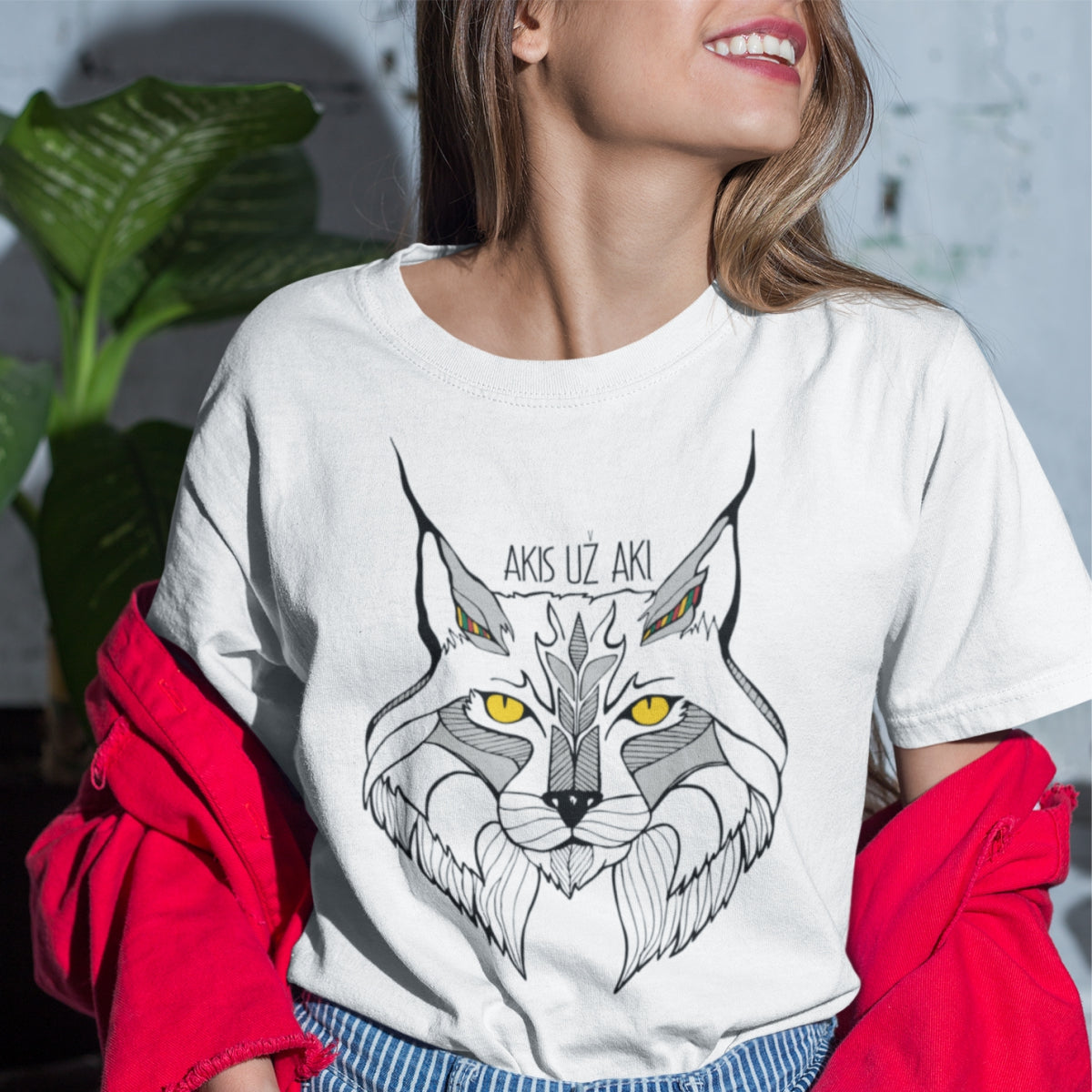 Balti UNISEX marškinėliai "Nespalvota lūšis"