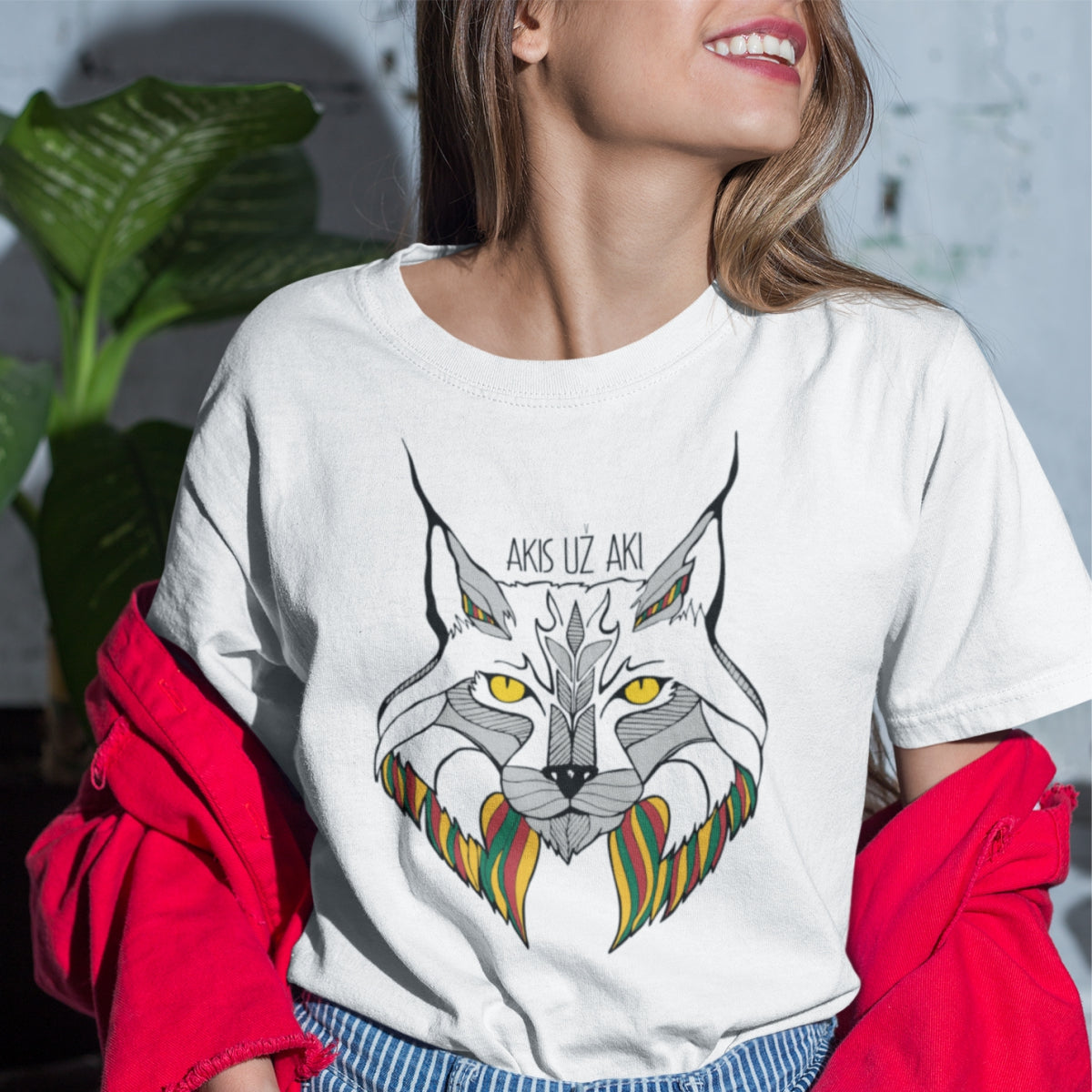 Balti UNISEX marškinėliai "Spalvota lūšis"