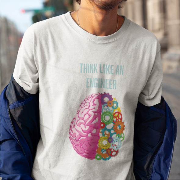 Balti UNISEX marškinėliai su iliustracija "Think like an engineer"