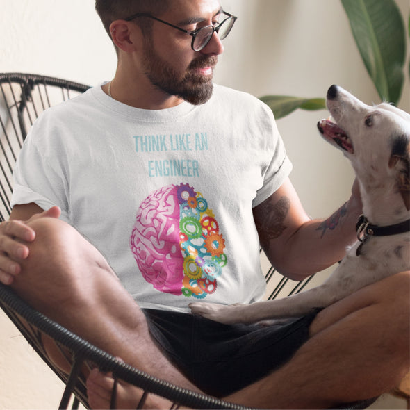 Balti UNISEX marškinėliai su iliustracija "Think like an engineer"