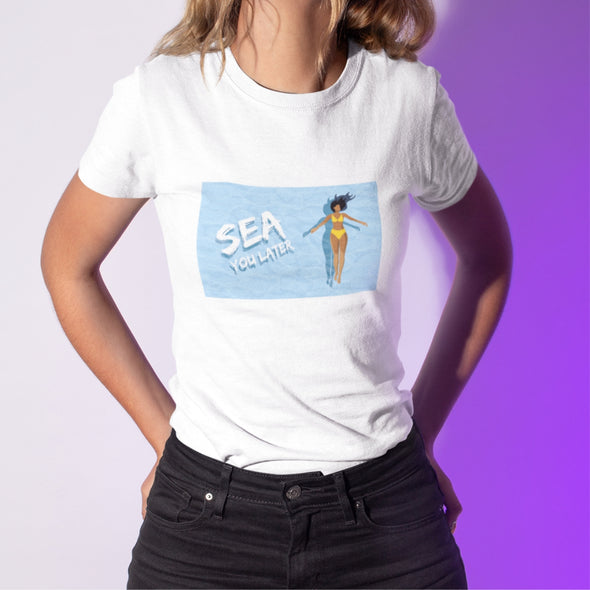 Balti UNISEX marškinėliai su iliustracija "Sea you later"