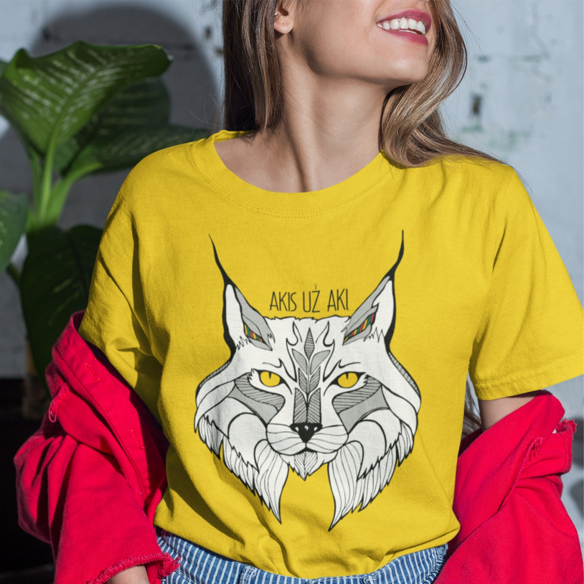 Geltoni UNISEX marškinėliai "Nespalvota lūšis"