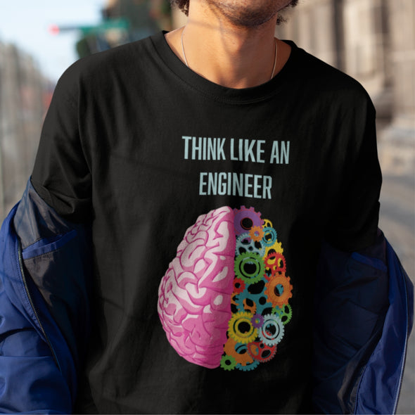 Juodi UNISEX marškinėliai su iliustracija "Think like an engineer"