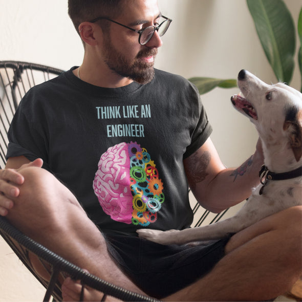 Juodi UNISEX marškinėliai su iliustracija "Think like an engineer"
