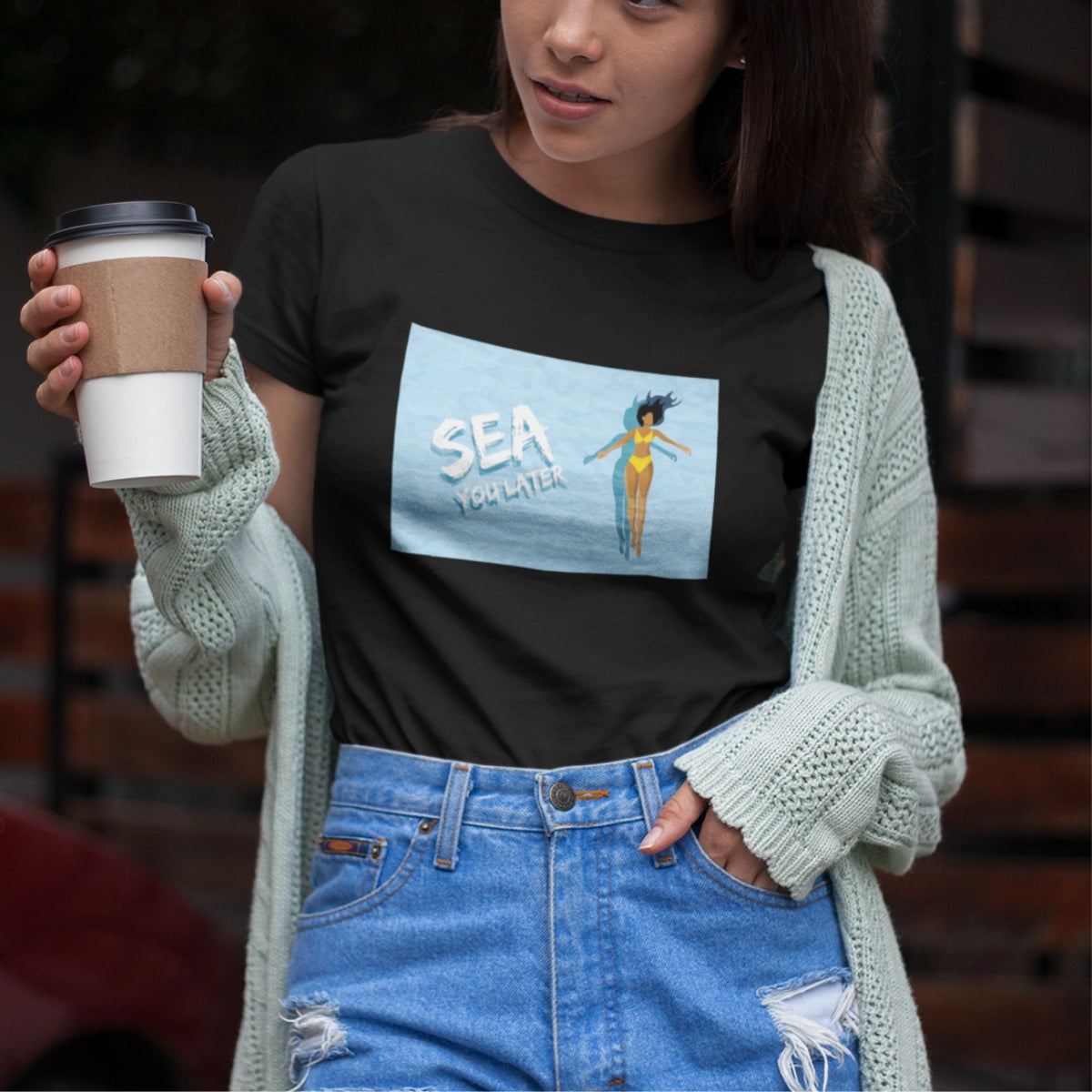 Juodi UNISEX marškinėliai su iliustracija "Sea you later"