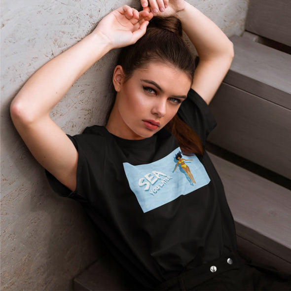 Juodi UNISEX marškinėliai su iliustracija "Sea you later"