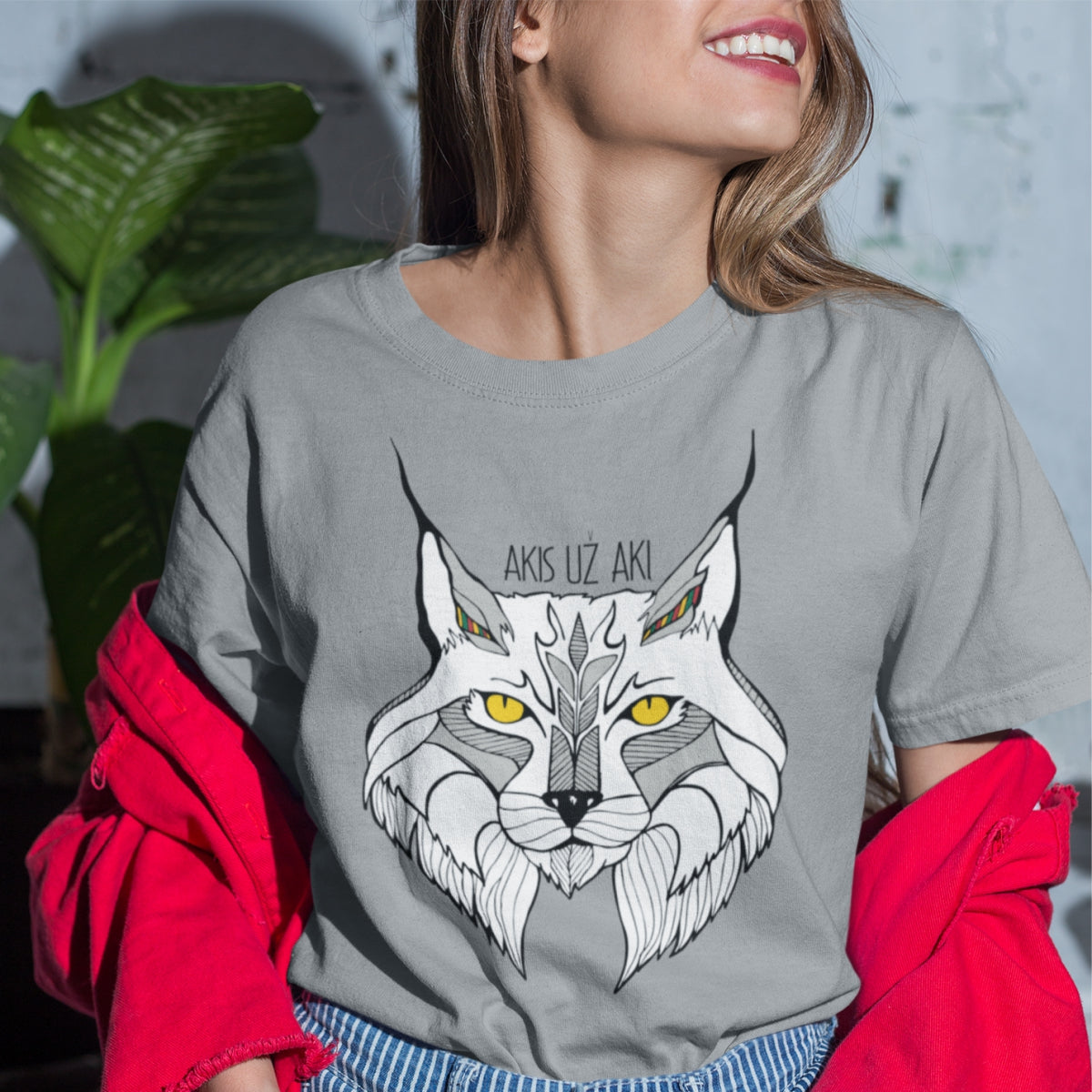 Pilki UNISEX marškinėliai "Nespalvota lūšis"