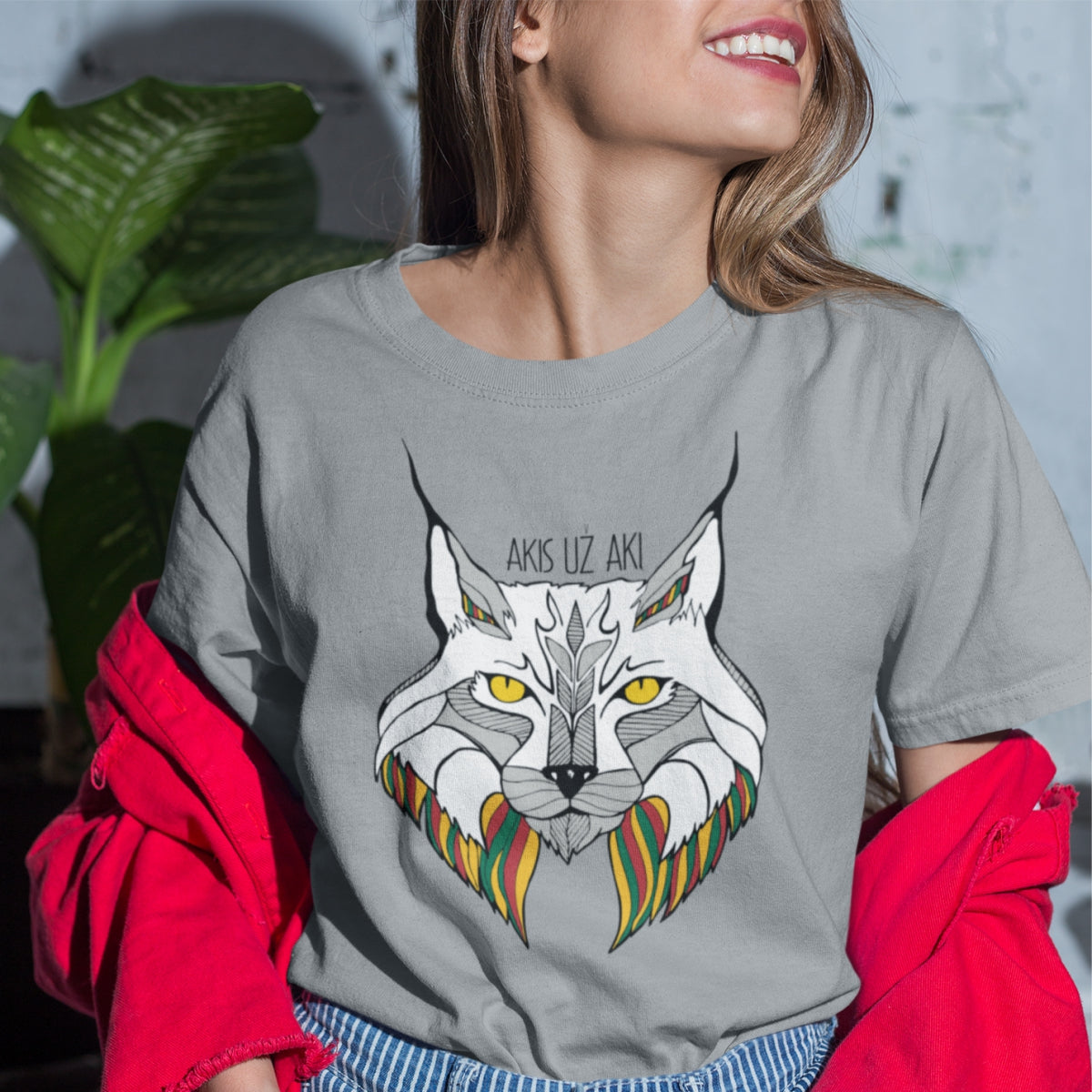 Pilki UNISEX marškinėliai "Spalvota lūšis"