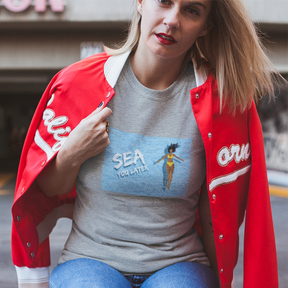 Pilki UNISEX marškinėliai su iliustracija "Sea you later"