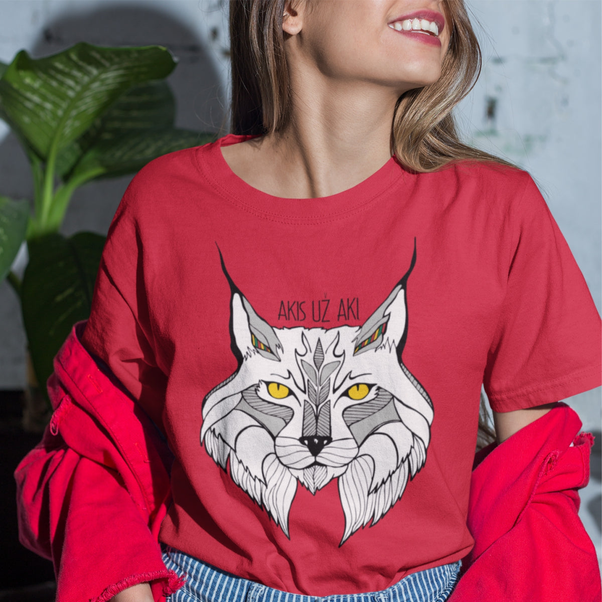 Raudoni UNISEX marškinėliai "Nespalvota lūšis"