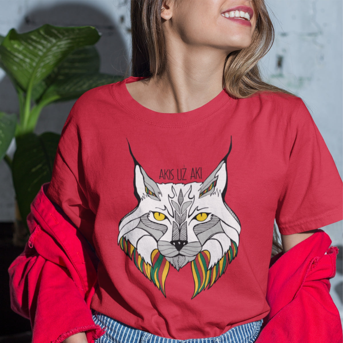 Raudoni UNISEX marškinėliai "Spalvota lūšis"