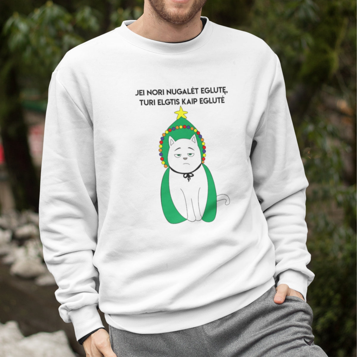 Baltas UNISEX džemperis be gobtuvo "Jei nori nugalėti eglutę"