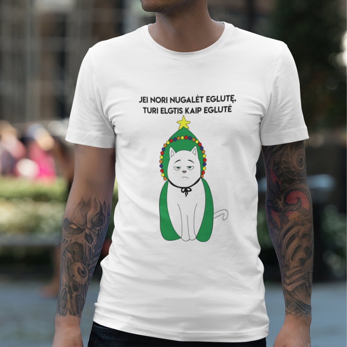 Balti UNISEX kalėdiniai marškinėliai "Jei nori nugalėt eglutę"