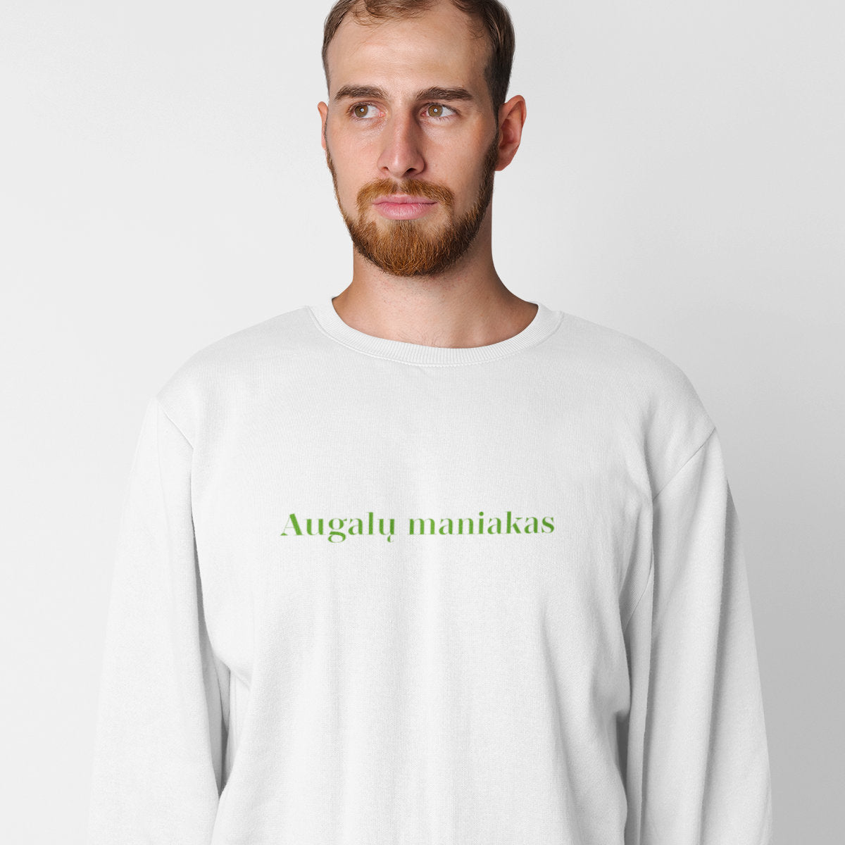 Baltas UNISEX džemperis be gobtuvo "Augalų maniakas"