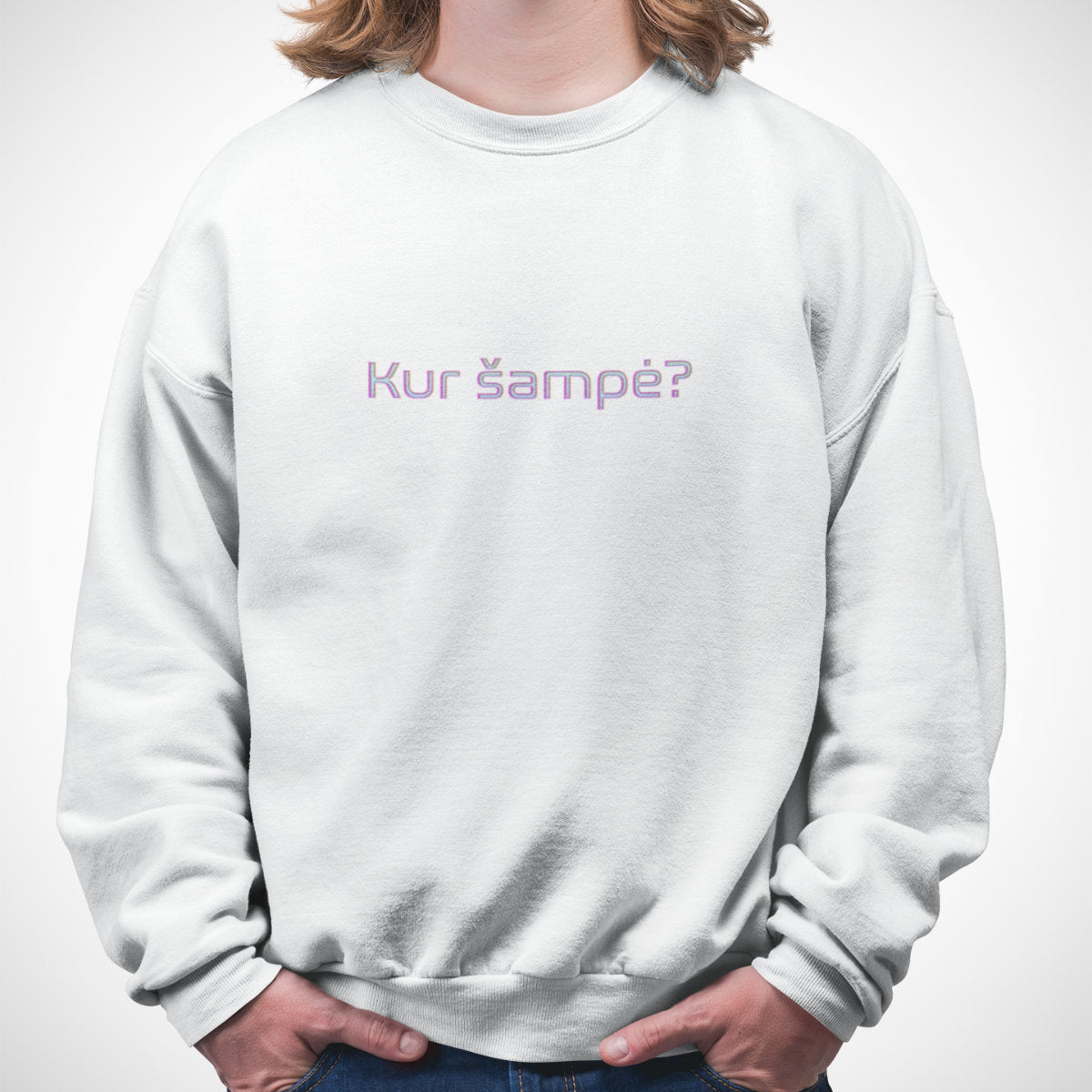 Baltas UNISEX džemperis be gobtuvo "Kur šampė?"