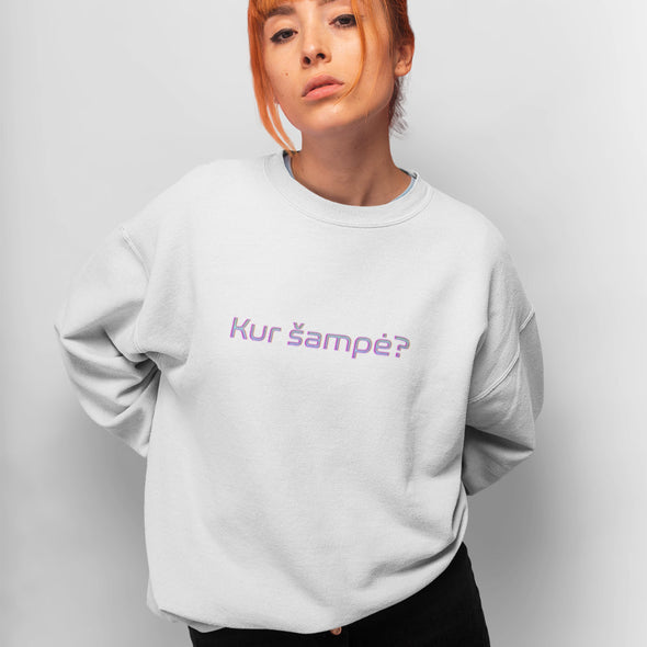 Baltas UNISEX džemperis be gobtuvo "Kur šampė?"