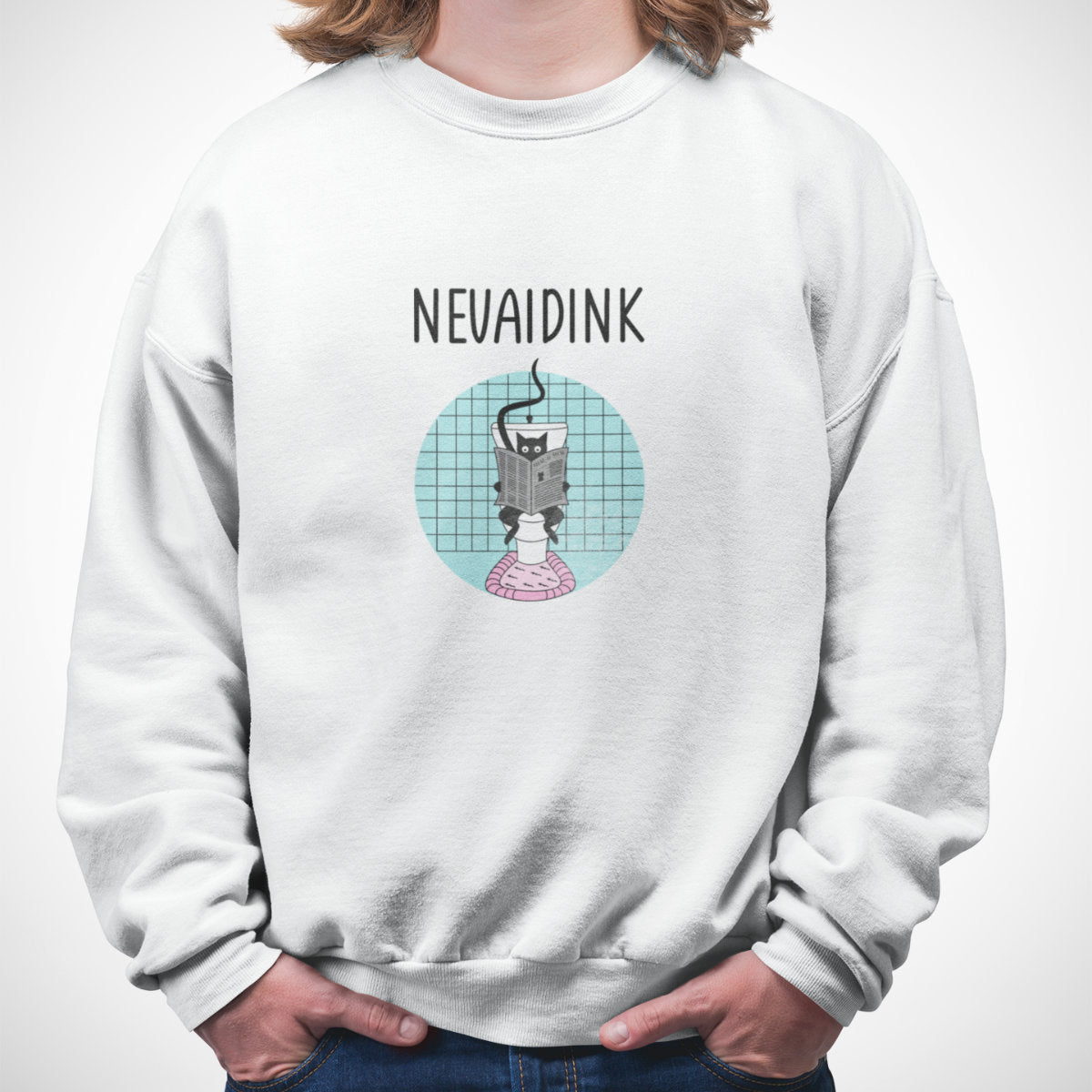 Baltas UNISEX džemperis be gobtuvo "Nevaidink"