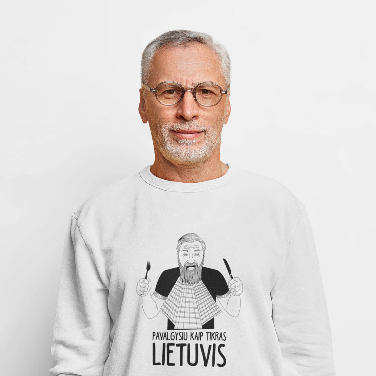 Baltas džemperis be gobtuvo "Pavalgysiu kaip tikras lietuvis"