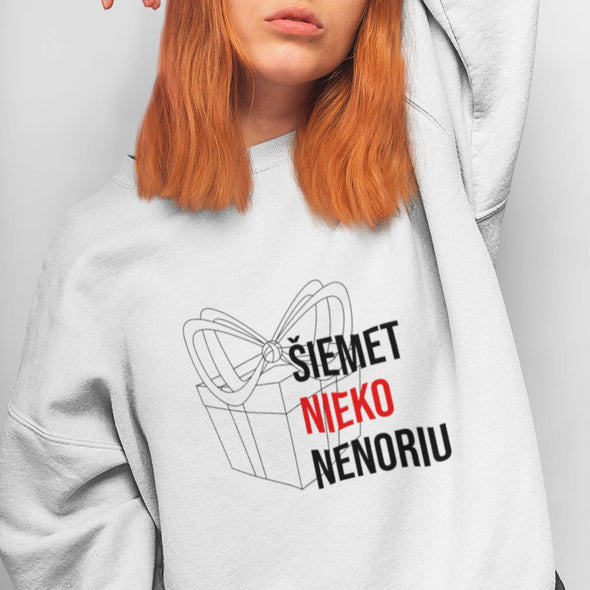 Baltas UNISEX džemperis be gobtuvo "Šiemet nieko nenoriu"