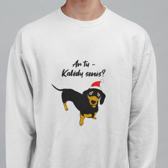 Baltas UNISEX kalėdinis džemperis be gobtuvo "Ar tu Kalėdų senis?"