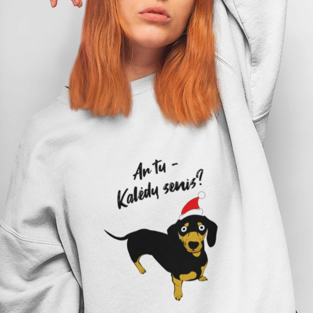 Baltas UNISEX kalėdinis džemperis be gobtuvo "Ar tu Kalėdų senis?"