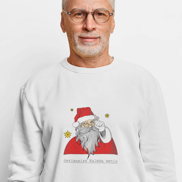 Baltas UNISEX kalėdinis džemperis be gobtuvo "Geriausias Kalėdų senis"