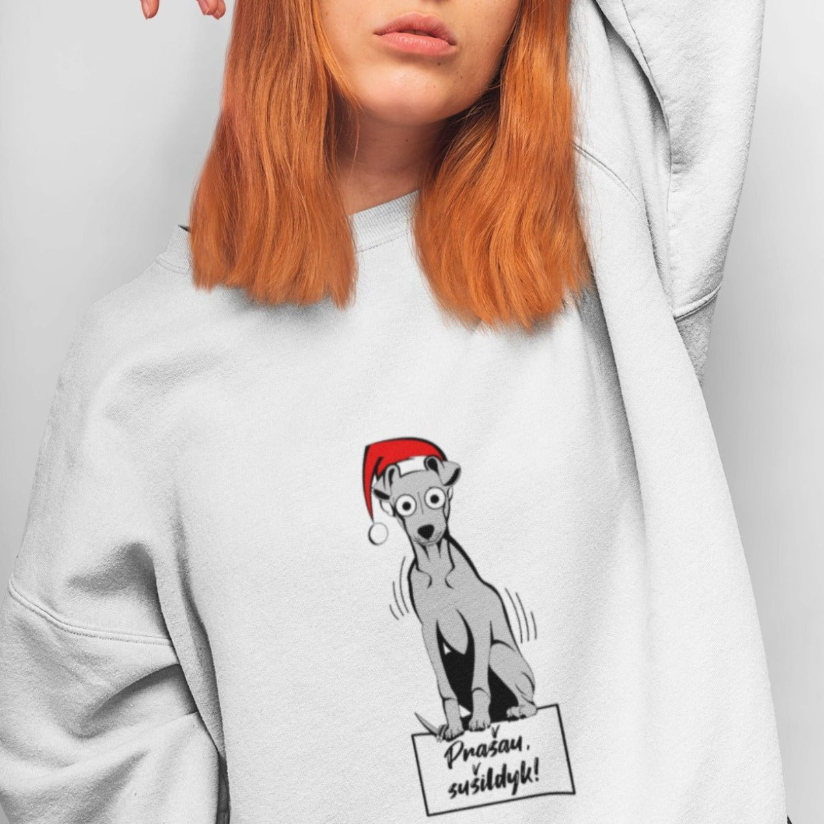 Baltas UNISEX kalėdinis džemperis be gobtuvo "Prašau sušildyk"