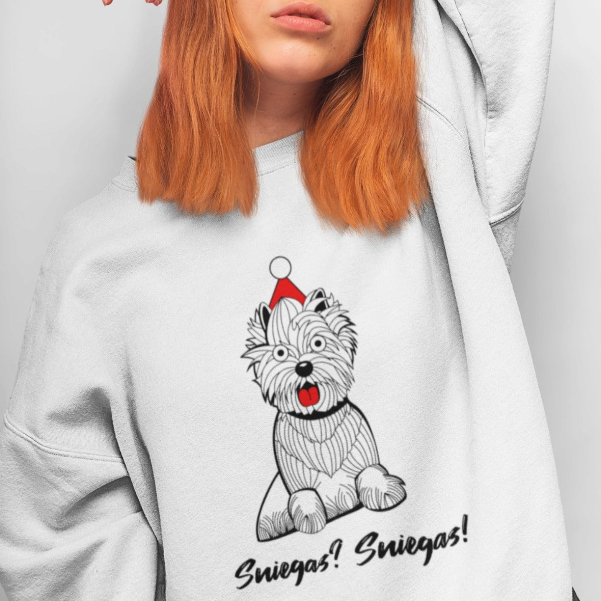 Baltas UNISEX kalėdinis džemperis be gobtuvo "Sniegas? Sniegas!"