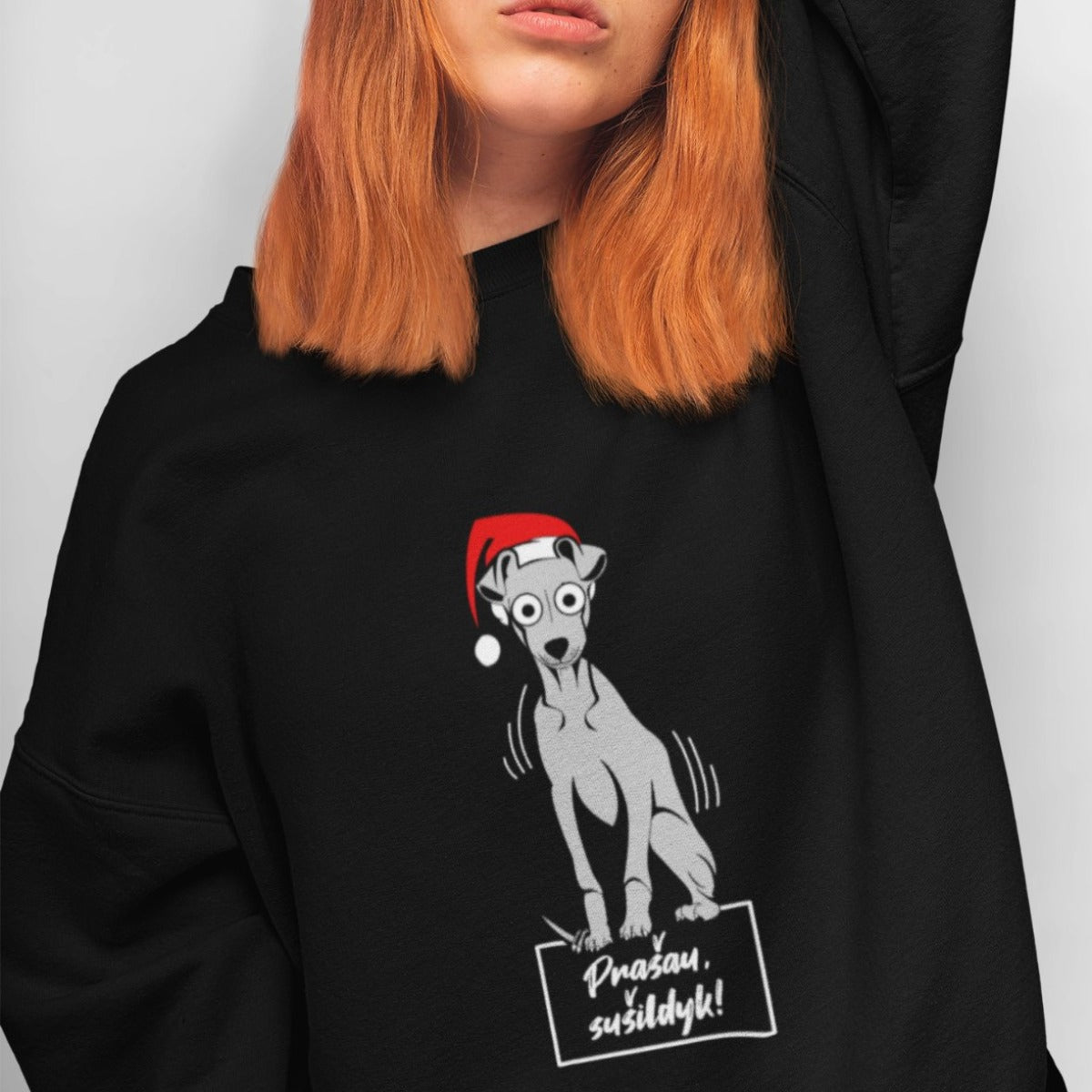 Juodas UNISEX kalėdinis džemperis be gobtuvo "Prašau sušildyk"